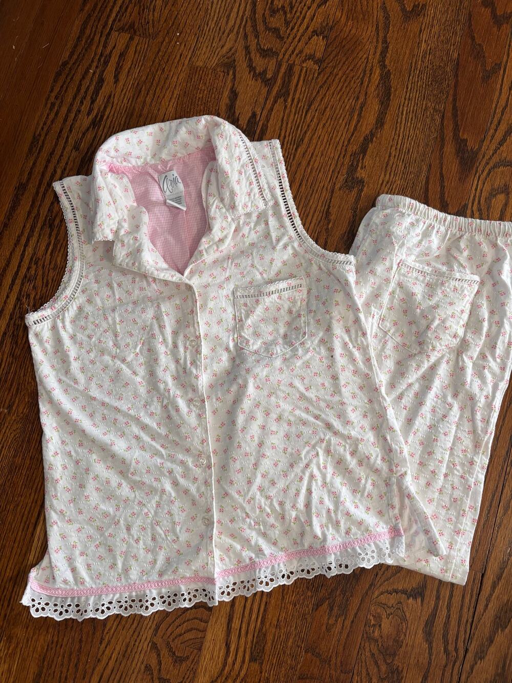 Aria Floral 100% Cotton Pajama Set Small White Pink Eyelet Lace Cottagecore